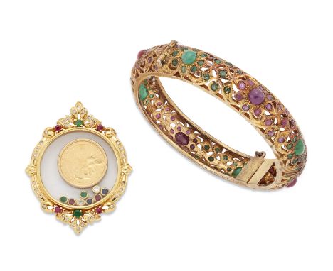 A diamond and gem-set pendant, with collet set brilliant cut diamonds, rubies, emeralds, sapphires and a USA 2½ dollar coin d