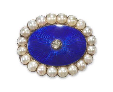 A mid-19th century diamond, enamel and pearl memorial brooch,&nbsp;the old cut diamond to a blue enamel ground, with half pea