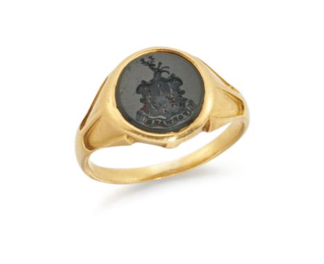 A bloodstone signet ring,&nbsp;the bloodstone plaque intaglio engraved with shield and crest, and motto 'forward', to taperin