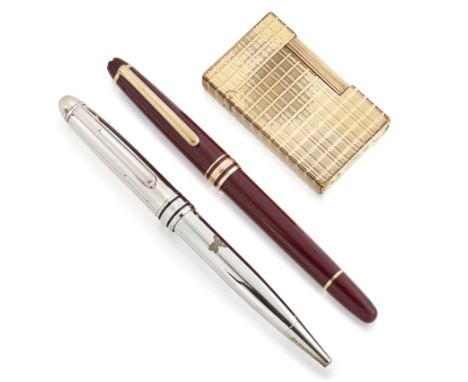 A Montblanc Meisterst&uuml;ck ballpoint pen, a ballpoint pen and a Dupont lighter, the first with red barrel and cap signed M