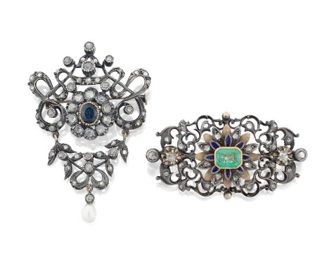Two late 19th century silver and gold mounted diamond set brooches, one with a sapphire centre, and rose-cut diamond detail a