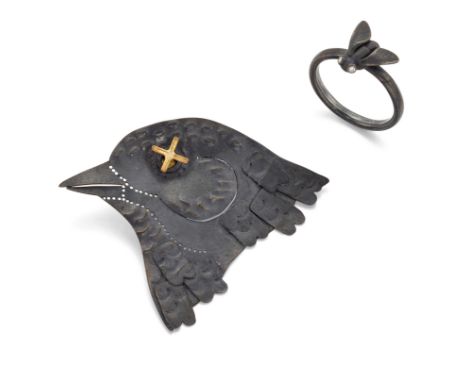Zoe Arnold. A brooch and a ring,&nbsp;the sterling silver pierced brooch in the form of a bird's head, from the series 'A His