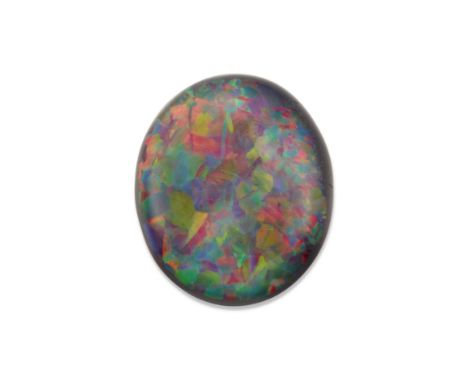 An unmounted oval black opal, approximately 12.8 x 10.7 x 3.1mm, approximately 2.5 carats