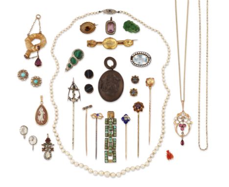 A group of antique and later jewellery,&nbsp;including: a pair of turquoise and rose cut diamond cluster earrings; a group of