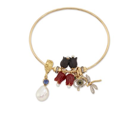 Annoushka. An 18ct gold white sapphire set bangle, Edinburgh hallmarks, maker's mark, signed Annoushka, suspending a 14ct gol