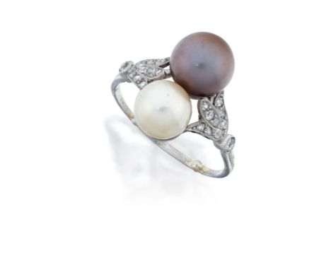 An early 20th century pearl and diamond ring, the round purplish brown cultured pearl measuring 8.2mm, the slightly barrel-sh