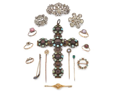 A group of jewellery, comprising: an Austro-Hungarian pectoral cross pendant set with garnet and turquoise, length 13cm; a 15