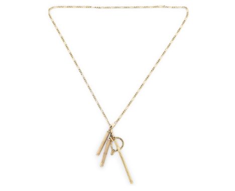 A 9ct gold chain necklace, of fetter and three link design, suspending two 9ct gold engine-turned tooth picks, (one defective