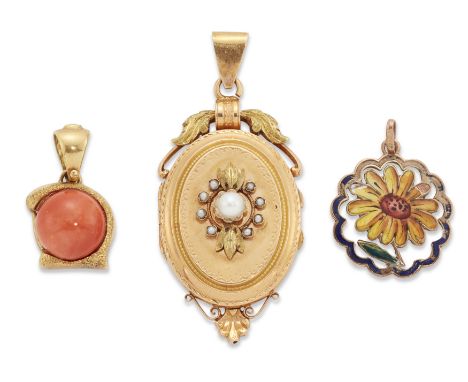 A group of three pendants, comprising: an Italian cultured pearl and half pearl set locket pendant, length 5.3cm; an Italian 