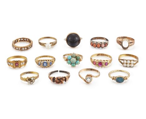 A group of fourteen antique and later rings, comprising: an Edwardian 18ct gold ruby and rose cut diamond ring, with one late