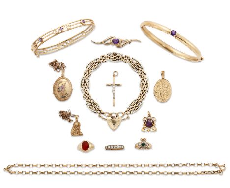 A quantity of mostly 9ct gold jewellery, including: a 9ct gold gate-link bracelet, 19.5g; a 9ct gold oval hinged locket penda