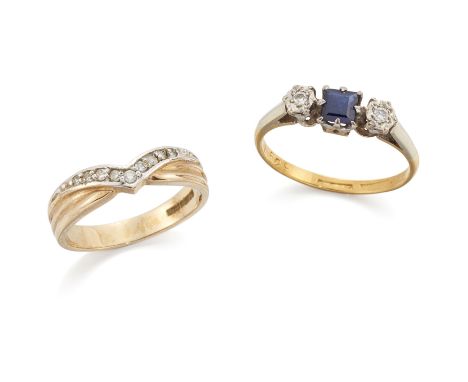A diamond and sapphire ring and diamond half eternity ring, the first with a central claw-set square-cut sapphire flanked by 