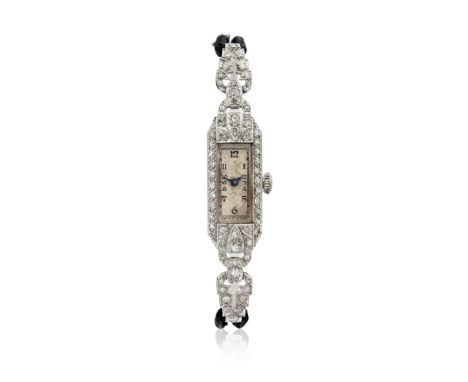 An Art Deco platinum and diamond cocktail watch Circa 1930 Jewelled manual wind movement stamped V.W., rectangular silvered d