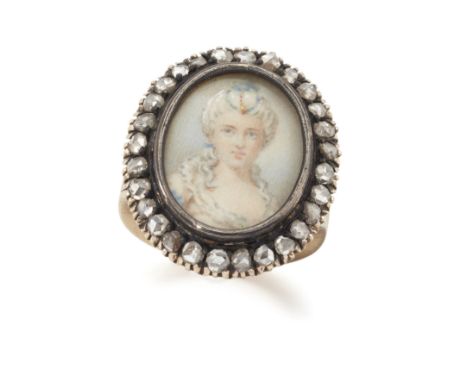 A 19th century portrait miniature and diamond ring,&nbsp;the stylised portrait on ivory under glazed panel, within rose cut d