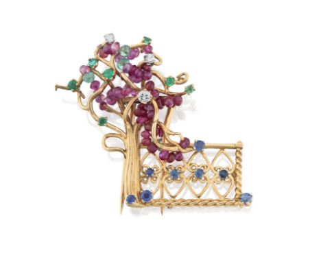 A French gold, ruby, sapphire, emerald and diamond tree clip brooch, the stylised tree set with ruby bead fruit and emerald a