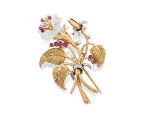 A diamond, ruby and rock crystal floral spray clip brooch, with carved frosted rock crystal flowerhead, brilliant-cut diamond