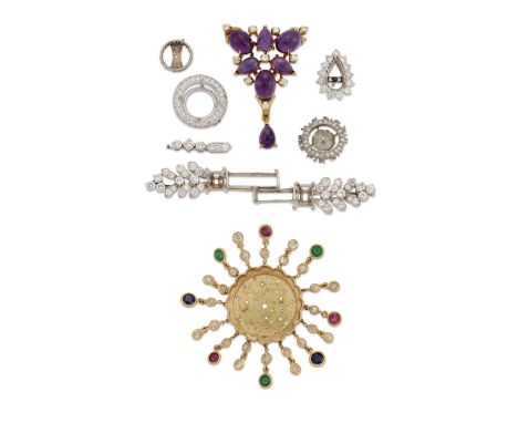 A group of diamond and gem set components,&nbsp;comprising: a brilliant cut diamond set bar brooch, with four vacant central 