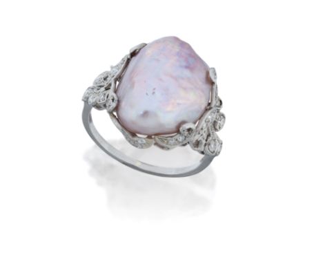A pearl and diamond ring, the single variform blister pearl in single-cut diamond foliate mount, ring size N&frac12;&nbsp;(VA
