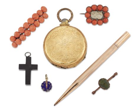 A group of jewellery, comprising: a gold cased pocket watch (damaged); an early 19th century coral memorial brooch; a 9ct gol