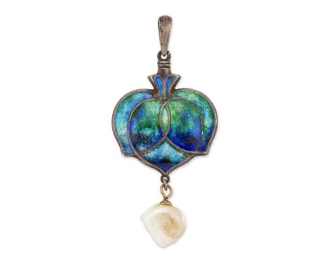 An Art Nouveau silver and enamel pendant probably for Liberty & Co, of blue and green translucent enamel lotus design suspend