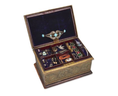 A collection of 19th century and later jewellery in a jewellery casket, including: a graduated coral (corallium rubrum) bead 