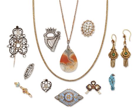 A group of antique and later jewellery,&nbsp;including: a 19th century Brazilian snake link chain, length 40.5cm; a Georgian 
