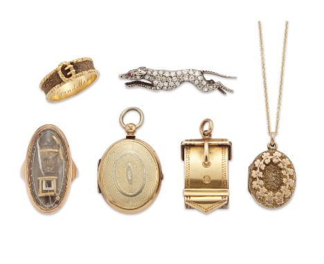 A group of jewellery, comprising: an early 20th century diamond and ruby set greyhound brooch, mounted in silver and gold, wi