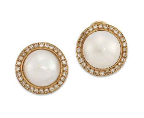 Theo Fennell. A pair of mabé pearl and diamond earrings, each with central cultured mabé pearl, within diamond border, one si