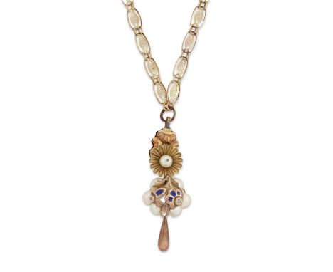 An Italian cultured pearl and enamel pendant, suspended on a pierced panel link chain with box clasp, length 36.5cmCondition 