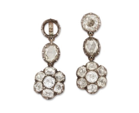 A pair of Victorian diamond drop earrings, each designed as an old mine-cut diamond cluster to a matching diamond earstud wit
