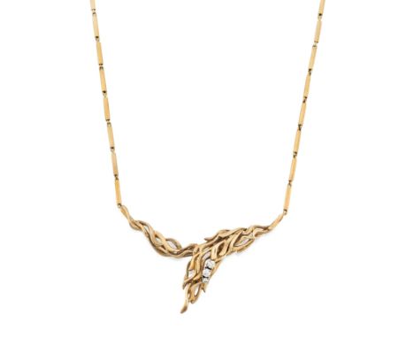 Gilbert Albert. A gold diamond set necklace, with brilliant cut diamonds claw set to the centrepiece, and barrel link chain, 