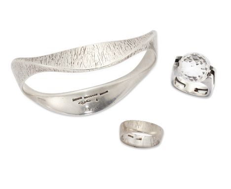 Charles de Temple, a white gold ring, and Rey Urban for Age Fausing, a silver rock crystal ring and a bangle, the Charles de 