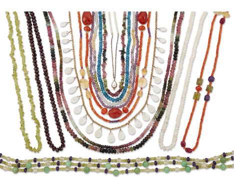 A group of gemstone bead necklaces,&nbsp;including: two vari-coloured facetted tourmaline bead necklaces, one with beads appr