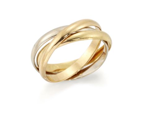 A three colour gold triple band ring, of entwined plain hoop design, ring size X
