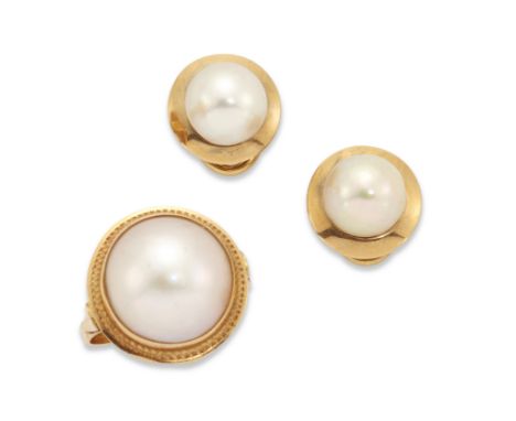 A pair of cultured pearl earrings and a mab&eacute; pearl ring, the earrings with a cultured pearl to plain frame, with post 