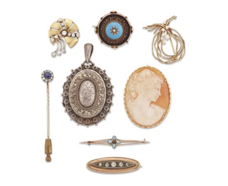 A group of pendants and brooches,&nbsp;comprising: a late 19th century sapphire and diamond cluster stick pin, the cluster de