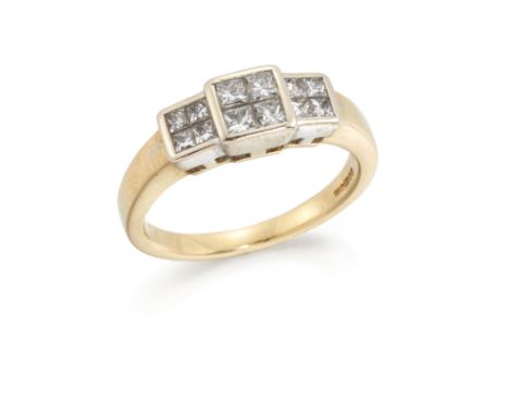 An 18ct gold princess-cut diamond half-hoop ring, designed as a central diamond four stone panel with matching stepped should
