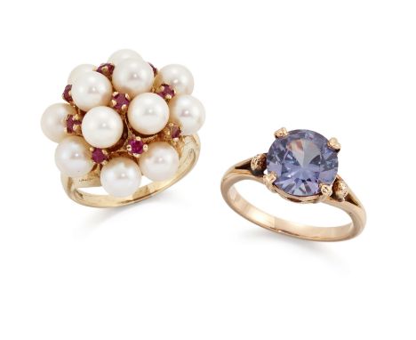 Two gem set rings, one a cultured pearl bomb&eacute; cluster with circular-cut ruby accents; the other a circular-cut synthet