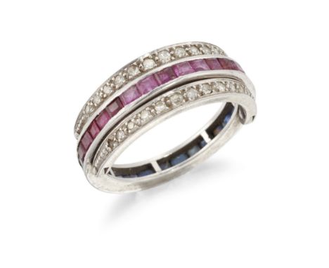 An early 20th century diamond, sapphire and ruby eternity ring, of 'night and day' design, the central band set with calibré 