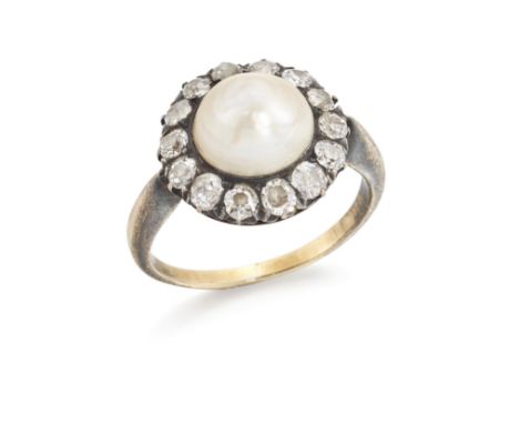 A natural half-pearl and diamond cluster ring,&nbsp;the half-pearl in cup setting within old cut diamond surround, to taperin
