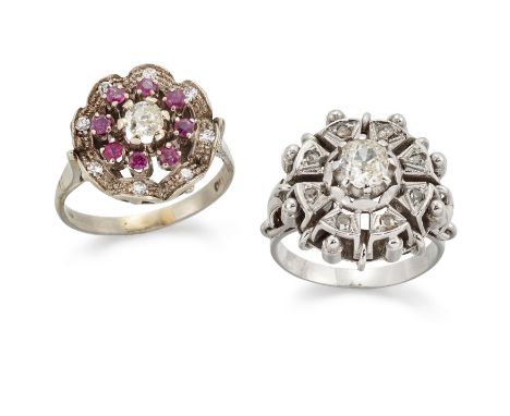 Two cluster rings,&nbsp;the first with a central old mine cut diamond to rose cut diamond surround and outer pellet border, w