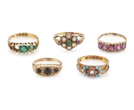 Five antique and later gem set rings,&nbsp;comprising: a Victorian 15ct gold turquoise and half pearl ring, Birmingham hallma