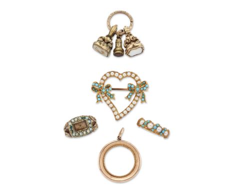 A group of Victorian jewellery, comprising: a turquoise and seed pearl set heart and bow brooch, in fitted Goldsmiths and Sil