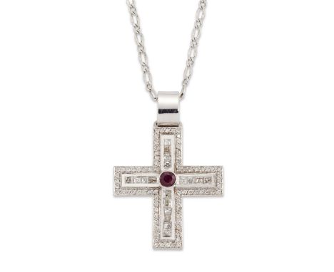A ruby and diamond set cross pendant and chain, the cross with a central collet set round mixed cut ruby, to arms channel set