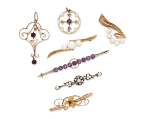 A group of brooches and pendants, comprising: an early 20th century diamond and half pearl set bar brooch; an early 20th cent