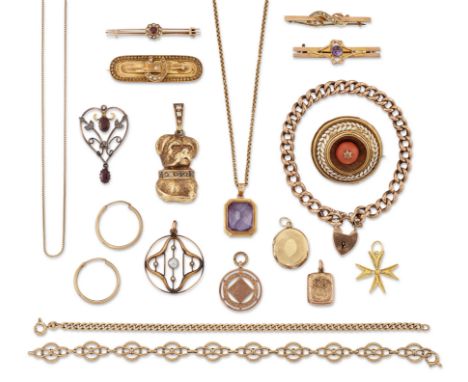 A group of gold, silver and costume jewellery, including: a 9ct gold link bracelet, Birmingham hallmarks; a 9ct gold pierced 
