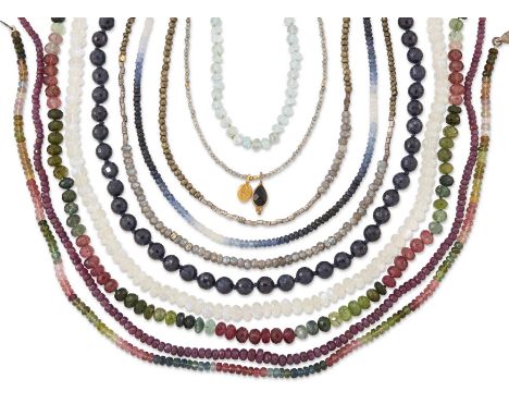 A group of gemstone bead necklaces,&nbsp;comprising: a vari-toned facetted sapphire bead necklace, the beads approximately 3-