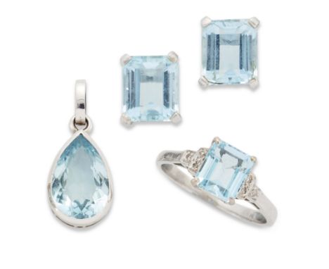A group of aquamarine jewellery, comprising: a single stone pear cut pendant, with oval suspension loop, length 2.2cm; a rect