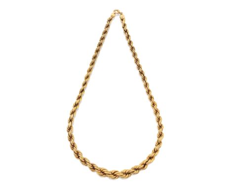 A hollow rope link neckchain, with graduated, textured links to a half solid bolt ring clasp, engraved 18k, length 43cmCondit