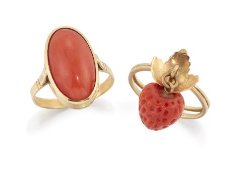 Two Italian coral rings,&nbsp;comprising: a single stone oval coral&nbsp;(corallium rubrum)&nbsp;ring, with plain hoop, stamp